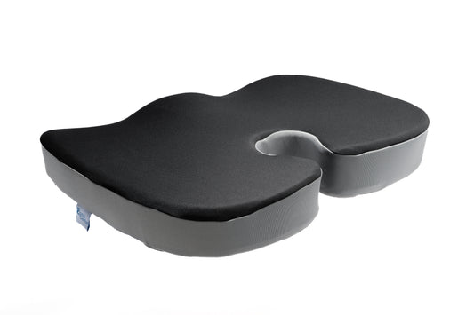 Black Coopi Comfort seat cushion with sleek cover, designed for comfort and style.