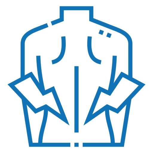 Blue torso outline of a man with a lightning bolt, representing discomfort due to lower back pain.