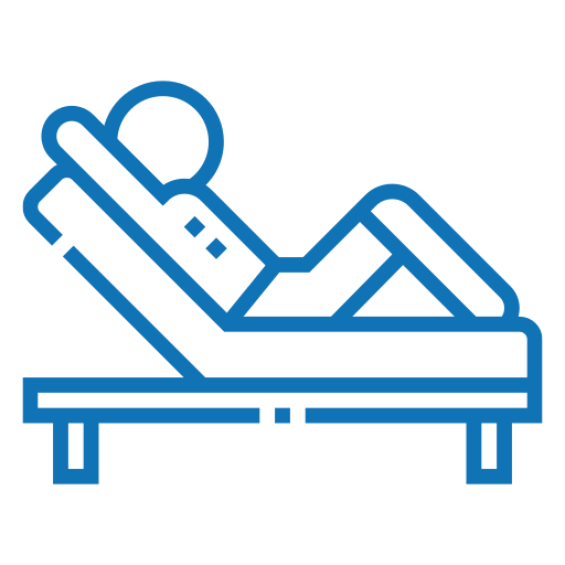 Blue line icon depicting a person lying on a bed, representing rest or relaxation.